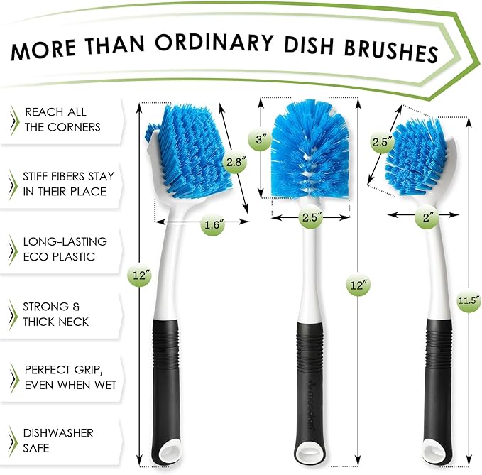 Dish Brush Set of 3 with Water Bottle Brush, Dish Scrub Brush and Scrubber Brush