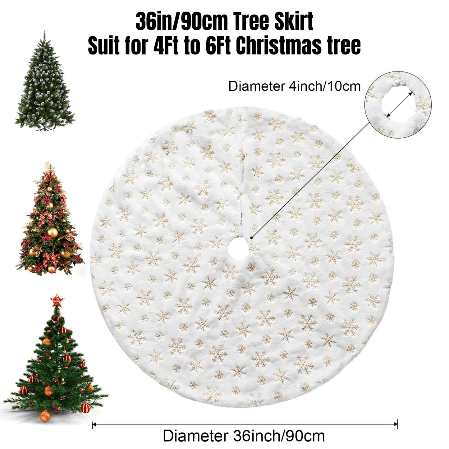 Dremisland Christmas Tree Skirt 36" Large White&Gold Luxury Faux Fur Tree Skirt with Snowflakes Super Soft Thick Plush Tree Skirt for Xmas Tree Decoration (Golden, 36inch/90cm)