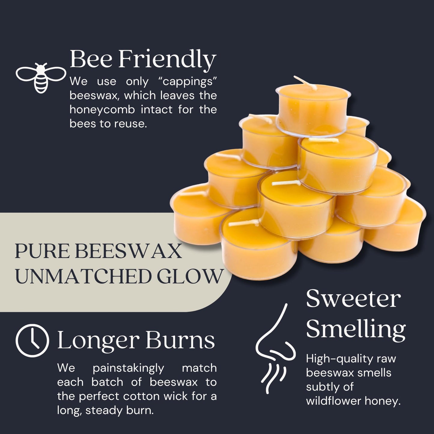 Bluecorn Beeswax Tea Light Candles, 100% Pure Natural Bees Wax, Yellow Tea Lights, Fragrance Free, Paraffin & Soy Free Candle Wax, Clean Burning, Long Lasting (4-5 Hrs), American Made, 48 Pack