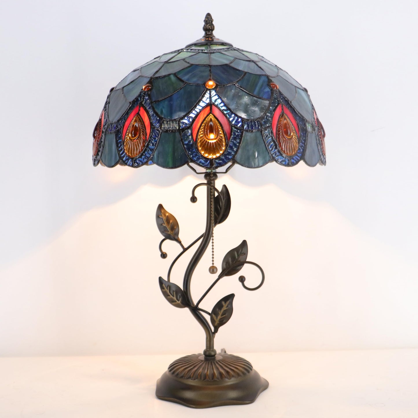 HWDFEI Tiffany Table Lamp, Stained Glass Style Desk Lamp, 12X12X19 Inch,Bedside Reading Light, Metal Leaf Base（Brown Crystal Style