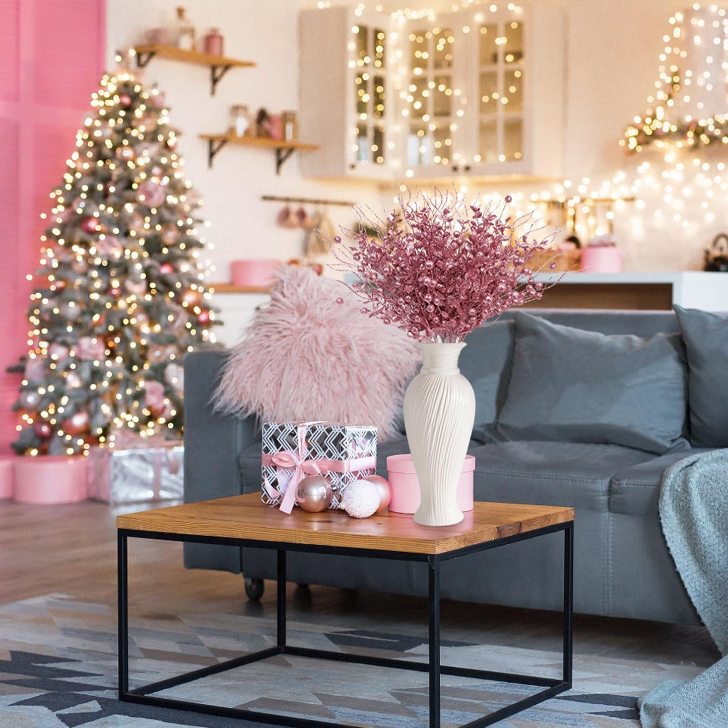 24 Pack Christmas Tree Decorations Picks and Sprays, Christmas Ornaments Artificial Glitter Berry Stems Branches Picks Twigs for Xmas Tree Vase Filler Home Holiday Decor (Pink-A)