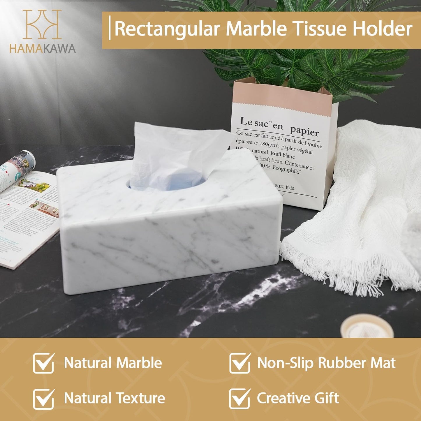 HAMAKAWA Natural Marble Tissue Box Cover, Carrara White Tissue Organizer 10 x 5.7 x 3.5 inch, Heavy Stone Decorative Box, Rectangle Tissue Box Holder for Home Decor, Kitchen, Bathroom, Bedroom