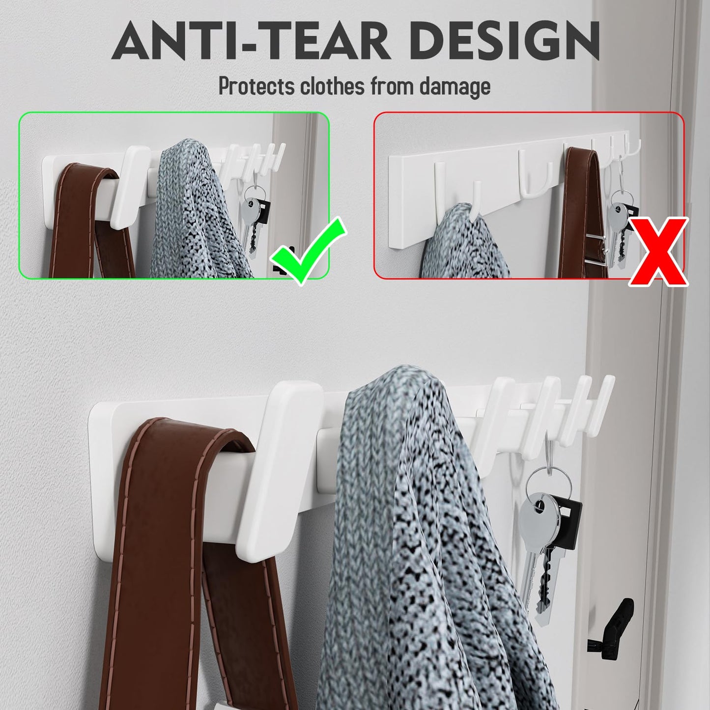 Coat Hook Wall Rack Hanger - White Coat Rack with 6 Hooks Wall Hooks for Hanging Hat Key Bag Towel Wall Mount Coat Holder