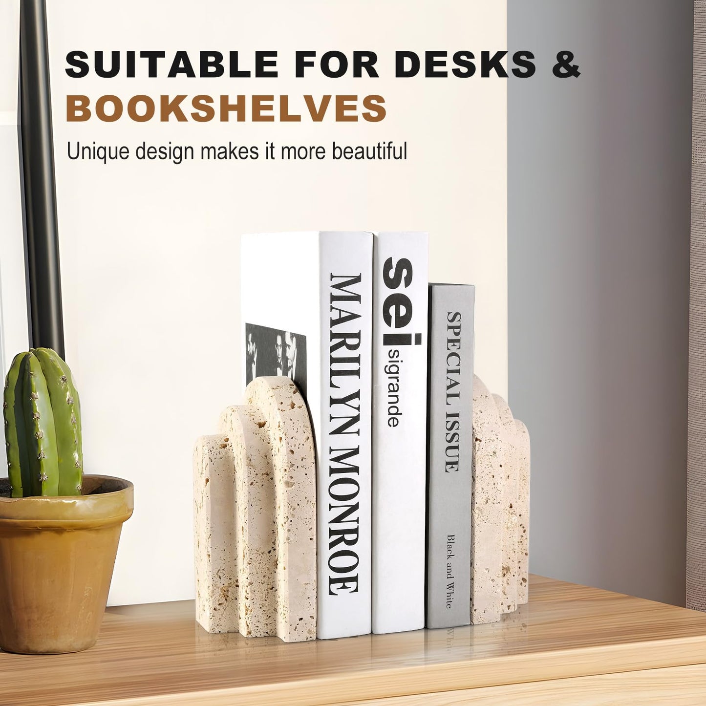 Natural Marble Book Ends - Heavy Duty Bookends for Shelves - Aesthetic Layered Arch Design Stone Book Holders, Unique Modern Office Bookshelf Stopper Decor for Books/CDs(Travertino Turkey)