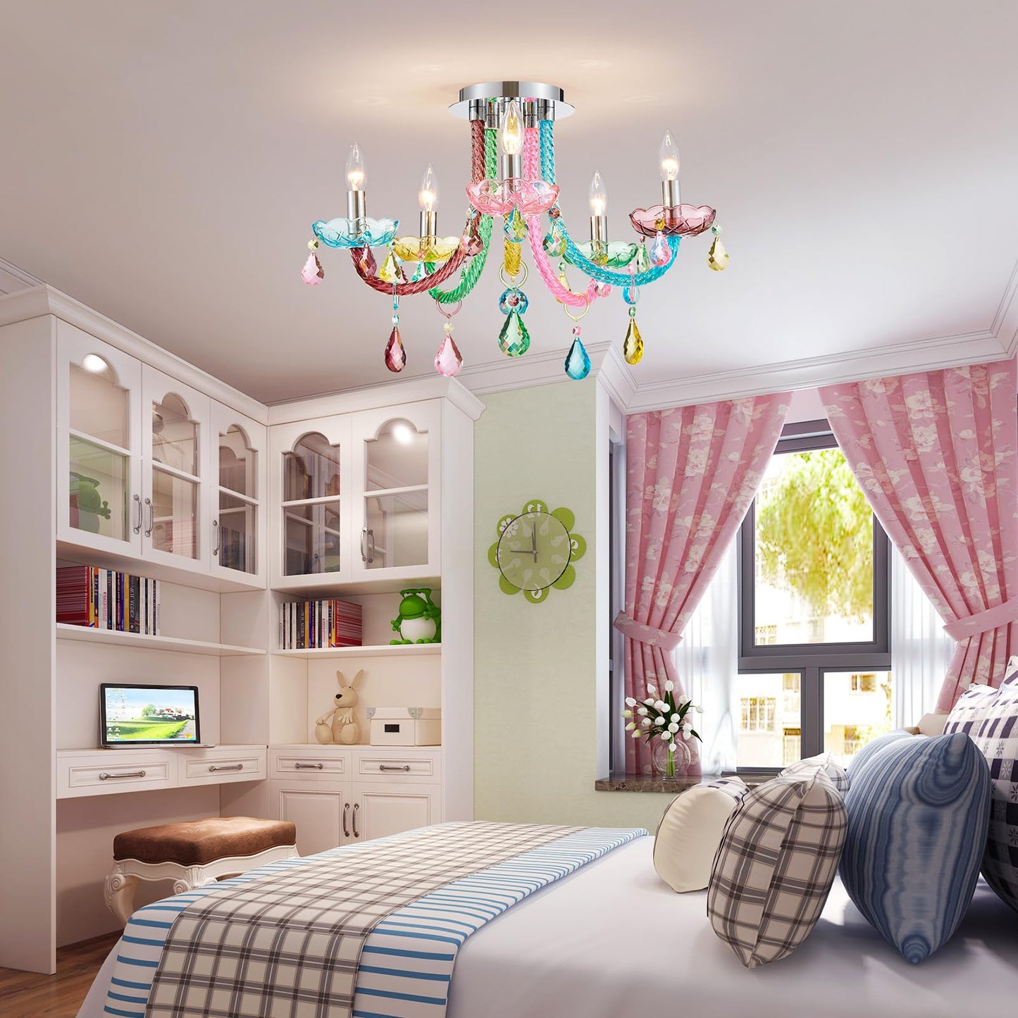 ElegLumi 5-Light Children Candle Chandeliers, Modern Candy Design Flushmount Light Fixture for Bedroom, Dining Room, Kitchen, Bathroom, D22×H16 inch, Clear Rainbow Color Finish & K9 Crystal