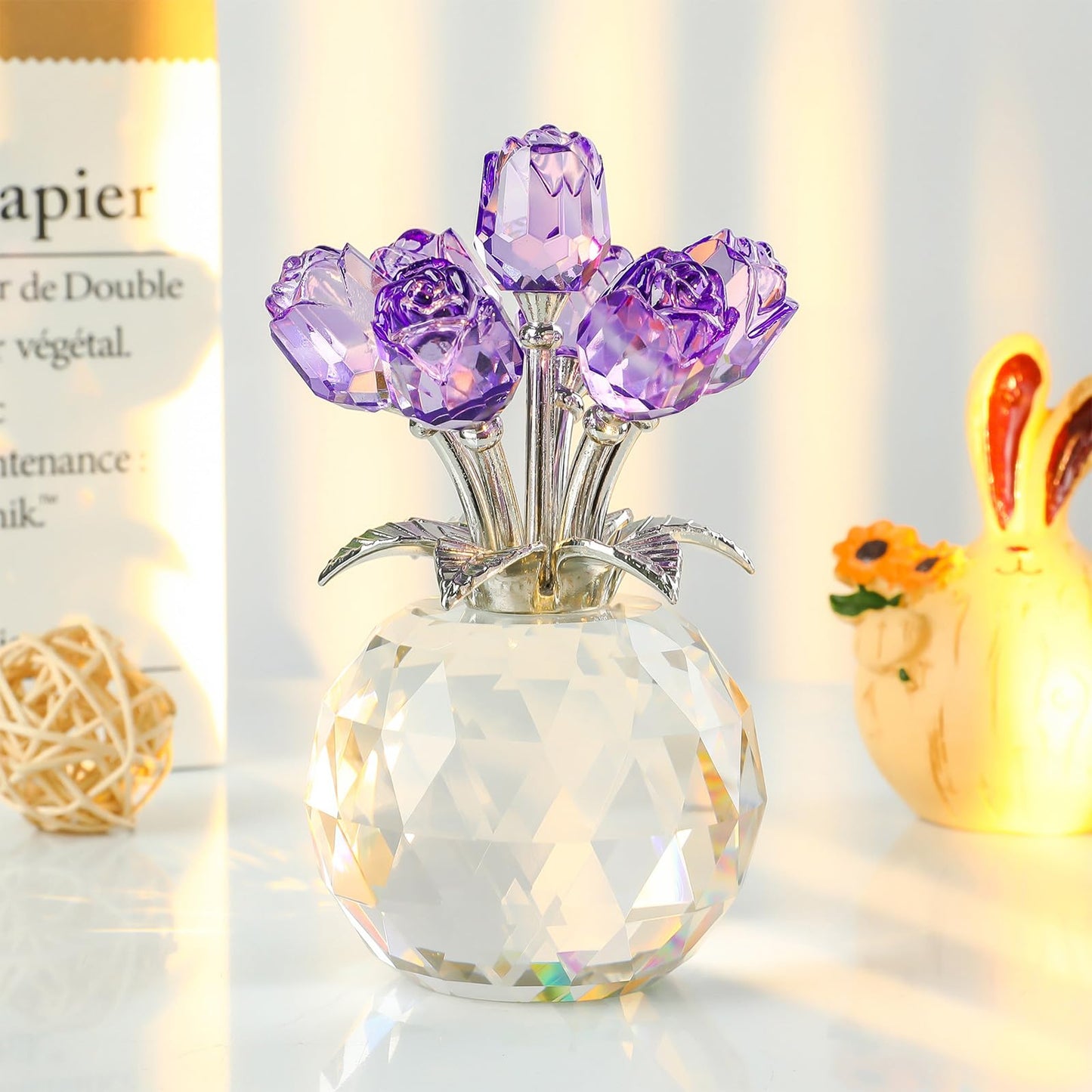 FINGHU Figurine Crystal Purple Rose Flower Collectible Figurine, Rose Gift for Women Glass Flower Statues Decor Valentine's Day Mother's Day Thanksgiving Anniversary and Birthday Gifts