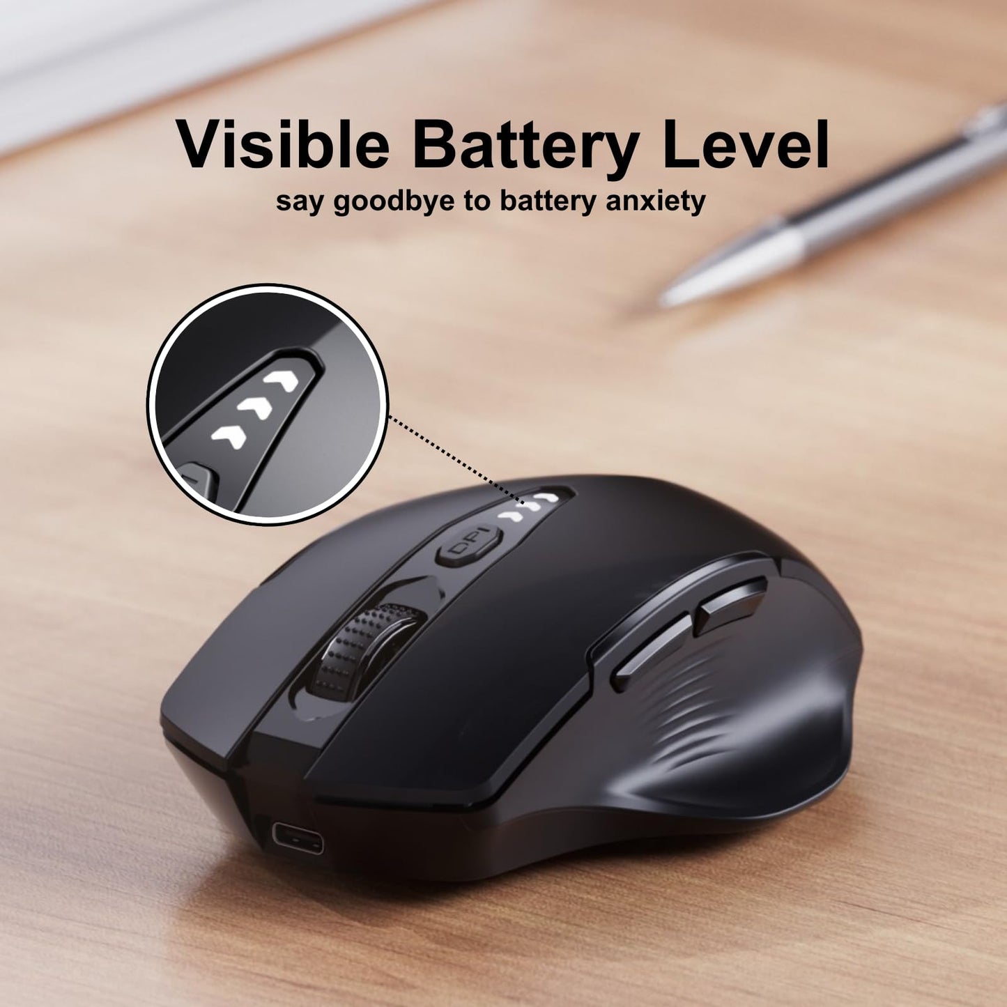 Uineer Wireless Mouse, [Upgraded] Visible Battery Display，Rechargeable Laptop Mouse 2.4G USB, 4 Adjustable DPI levels,Optical Mice for Laptop PC Computer，Matte Black