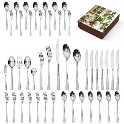 KINGSTONE Hammered Silverware Set, Flatware Set with Serving Utensils, 18/10 Stainless Steel Premium Cutlery with Unique Ripple Handles Design Mirror Polished - Dishwasher Safe (45-Piece)