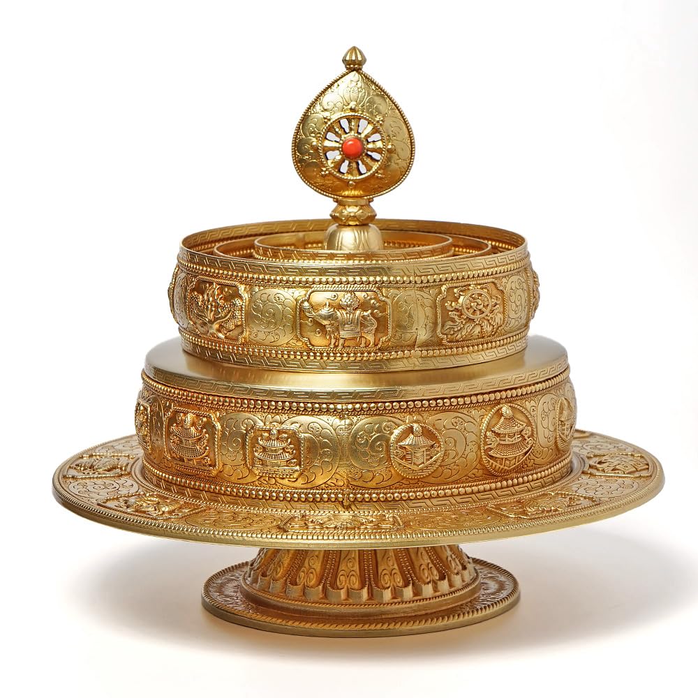 zenmood Tibetan Buddhist Mandala Offering Set, Brass Ceremonial Tower, 10.4 inch Height, Gold