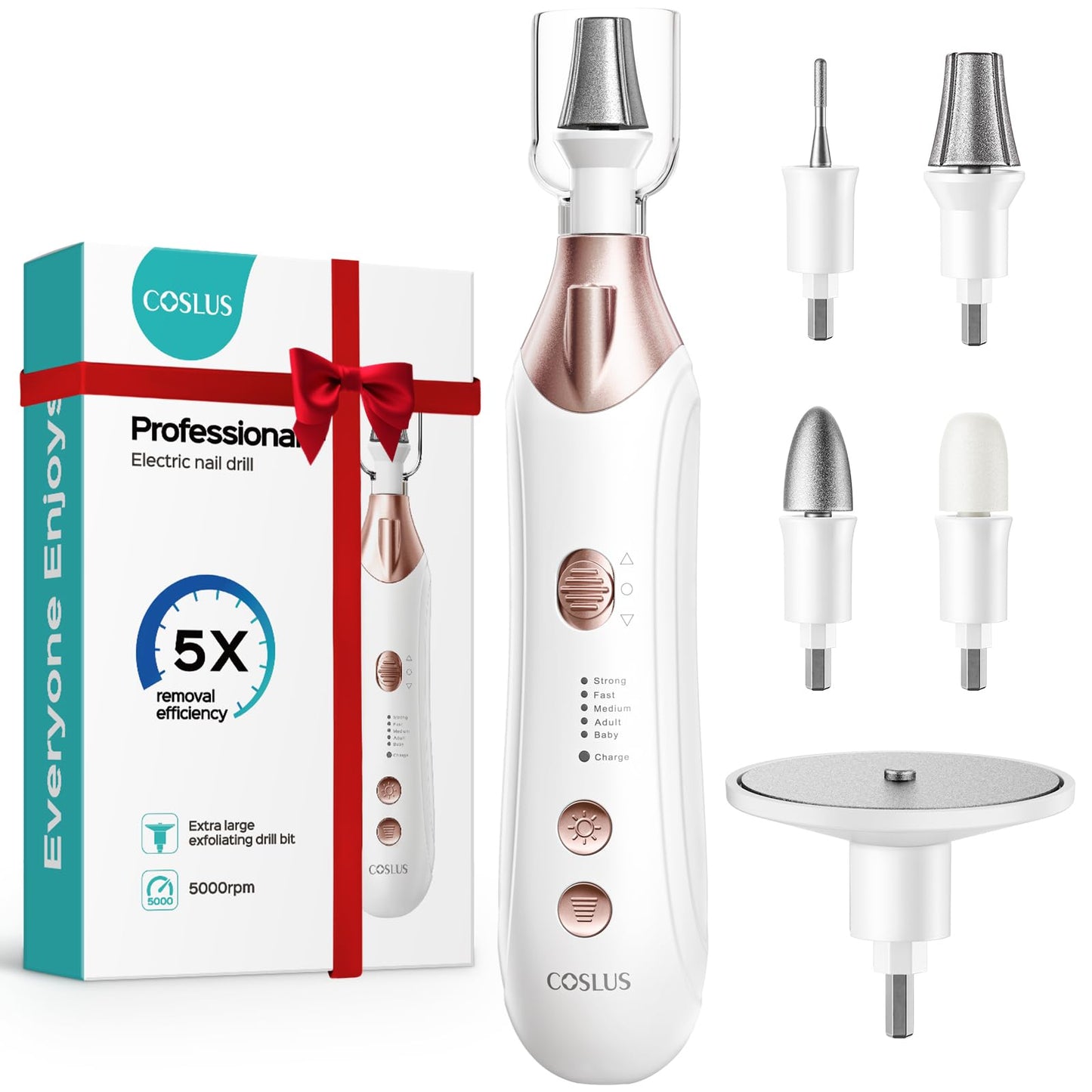 COSLUS Professional Manicure Pedicure Kit, 5-in-1 Electric Nail File for Toenail Hand Feet Care - Wider Grinder for Thick Nails, Cordless, 5 Speed, for Men Women Seniors Home Salon, White, C43(END10)