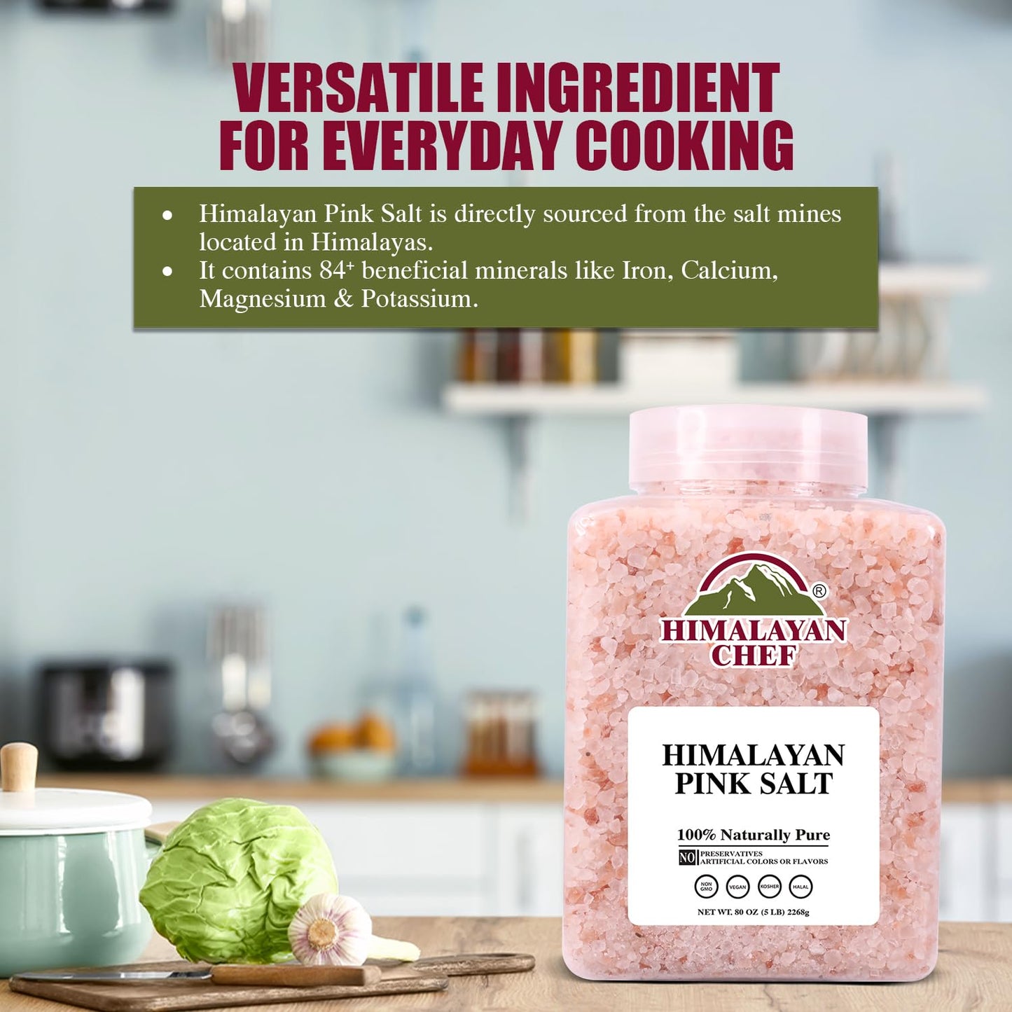 Himalayan Chef Pink Himalayan Salt Coarse Grain, 5 lbs Plastic Jar - Pure, Natural, Kosher, Mineral-Rich, Ideal for Grinder Refills, Cooking, Seasoning
