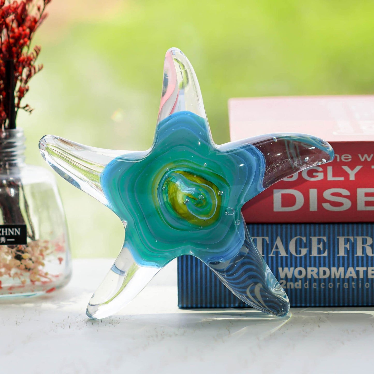 QFkris 5" Glass Star Fish, Crystal Handmade Glass Blown Table Decor, Starfish Figurine, Collectible Ornament,Clear and Green for Women