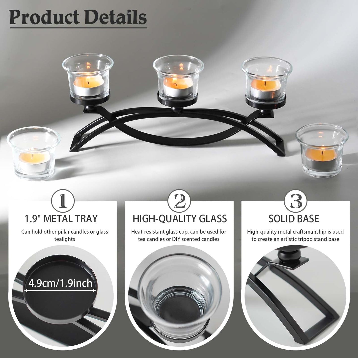 3-Arm Metal Tea Light Candle Holder Set with 5 Glass Cups, Votive Candle Holders Centerpiece Candelabra for Wedding Table Decor, Home Gatherings and Holidays (Black, 5 Cups)