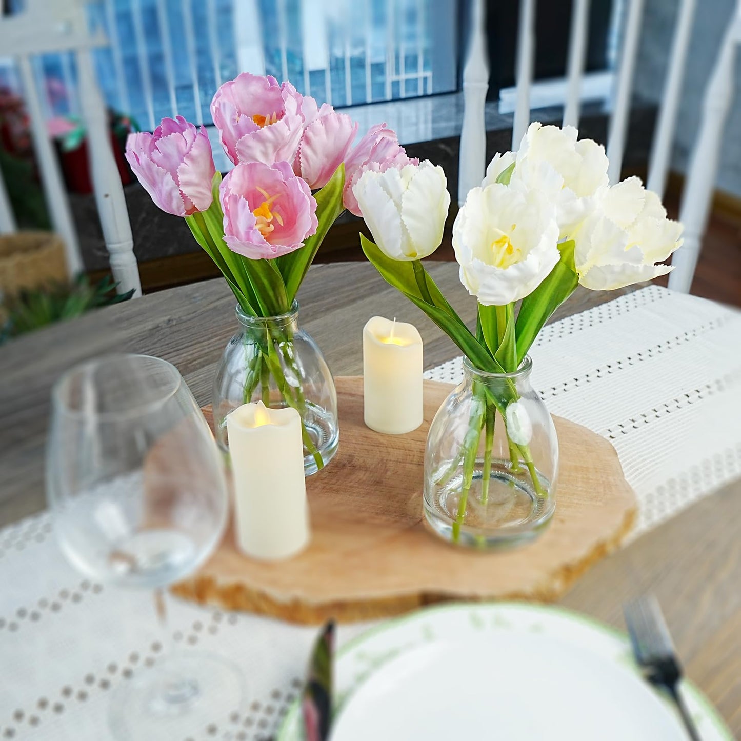 EVERLNESTIO 3D Printed Real Touch Artificial Flowers with Vase, 5 Pcs Pink Parrot Tulips Arrangement, Ruffled Edges Silk Tulip Floral Centerpieces for Dining Table, Home Office Aesthetic Room Decor