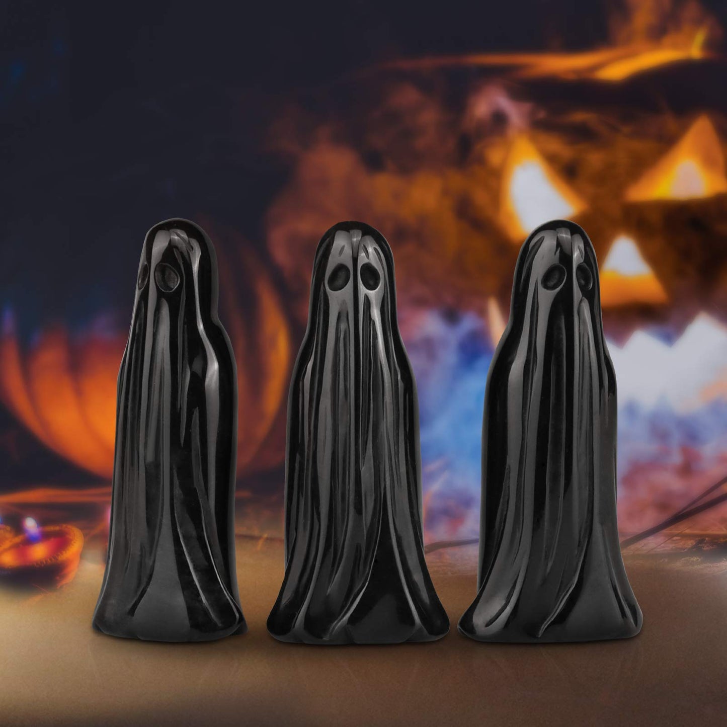 Artistone 3.0" Black Obsidian Halloween Crystal Ghost Carving Statue Figurine Hand Carved Gemstone Ghost Collectibles Sculpture Stone for Carnival Party Decoration with Gift Box