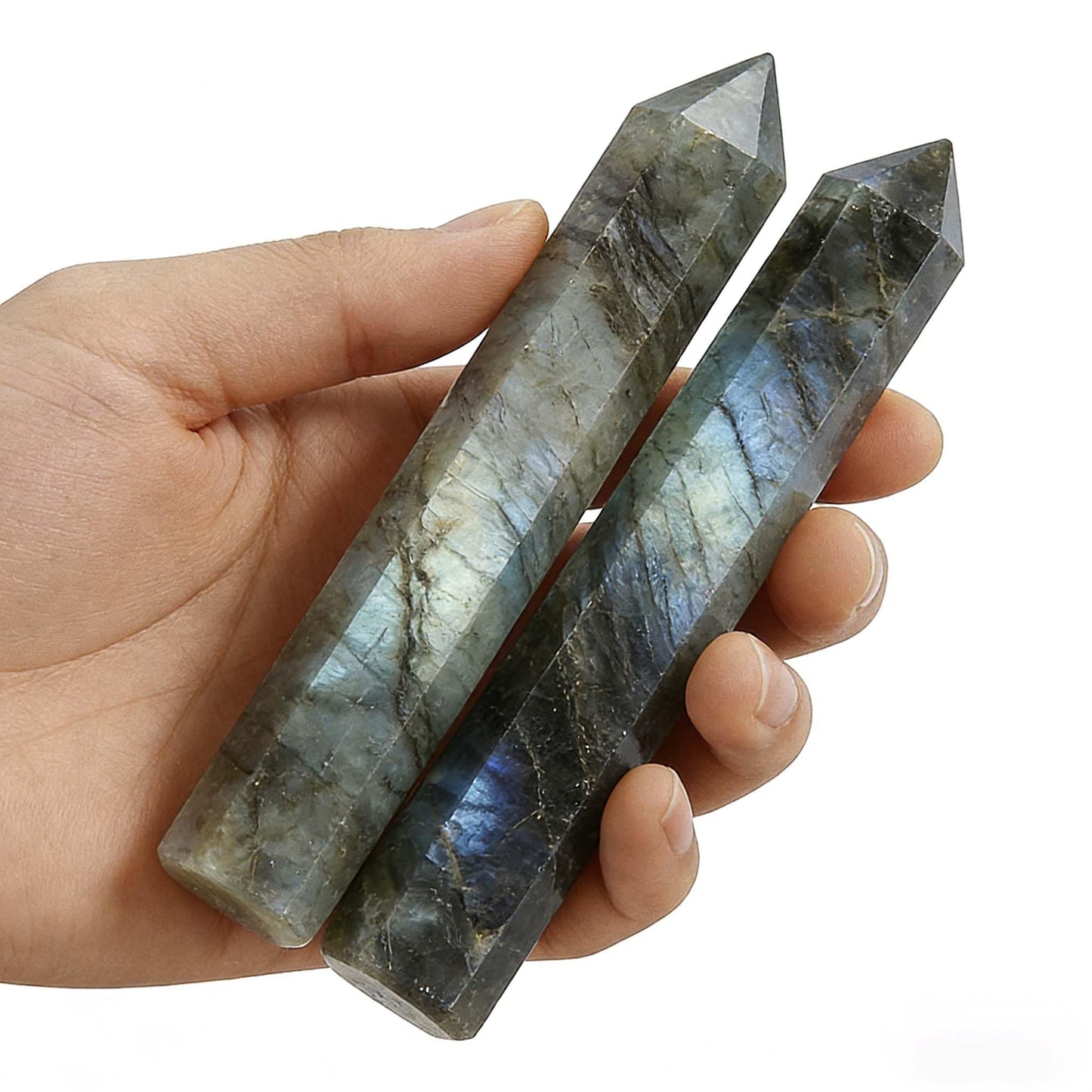 AierCrystal 2pcs Natural Crystal Point Wand Set,Hand-Finely Polished,Meditation Healing Purification,Full-Scenario Decoration Display for Home Office,Holiday Gifting(15cm Big Wand 2pcs Labradorite)