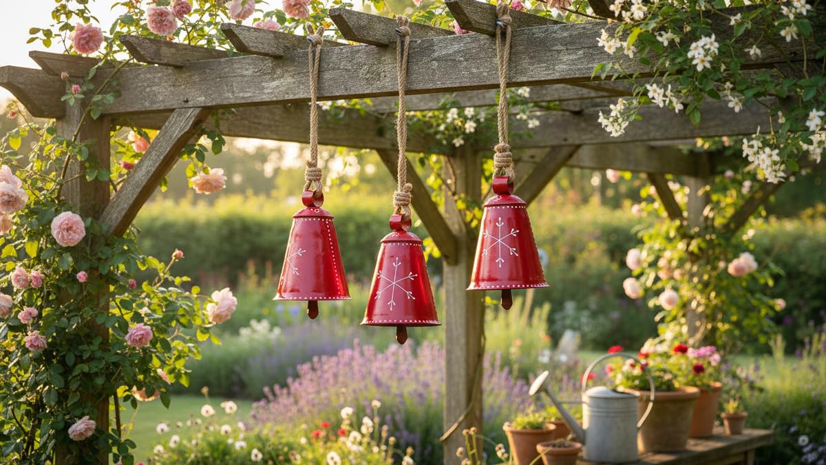 Christmas Bells Rustic Decor Christmas Big Ornaments Handcrafted Hanging Bell Home Decor Bells Set of 3 (Red)