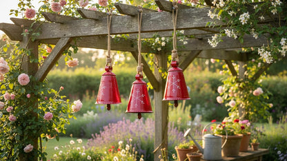 Christmas Bells Rustic Decor Christmas Big Ornaments Handcrafted Hanging Bell Home Decor Bells Set of 3 (Red)