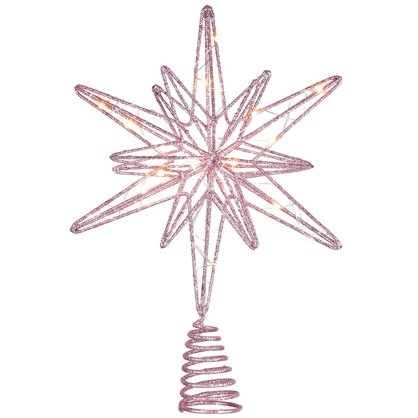 Sonwyoung Large Christmas Star Tree Topper with 20 LED Lights, Glitter Star Tree Topper Sparkle Xmas Treetop Ornament for Christmas Trees Party Holiday Decorations(13 Inch,Pink)