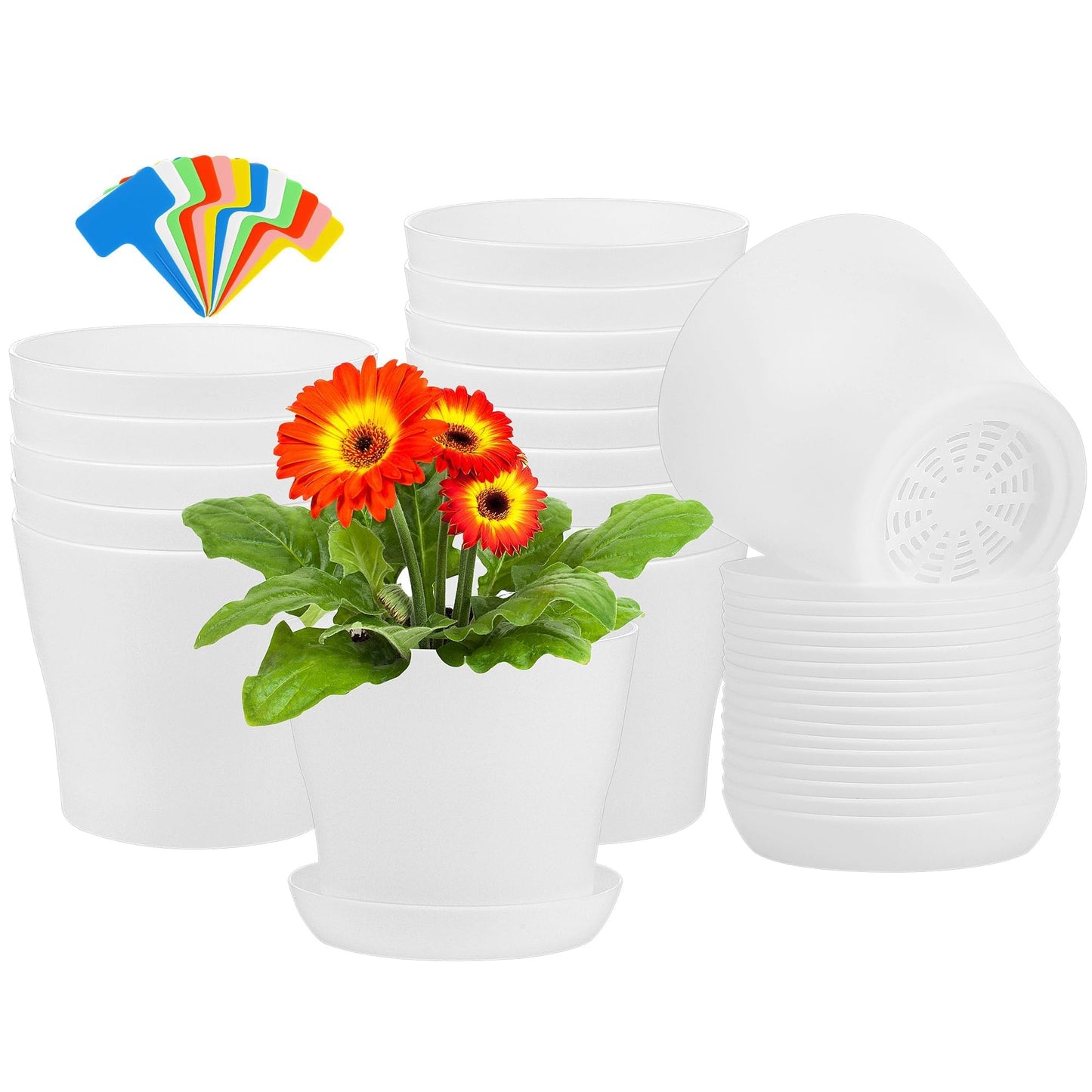 Aodaer 16 Pack 4 Inch Plastic Planters with Multiple Drainage Holes and Tray Indoor Outdoor Flower Plant Nursery Pots with Labels Flower Seedling Pots for Herb Garden Home Succulents, White