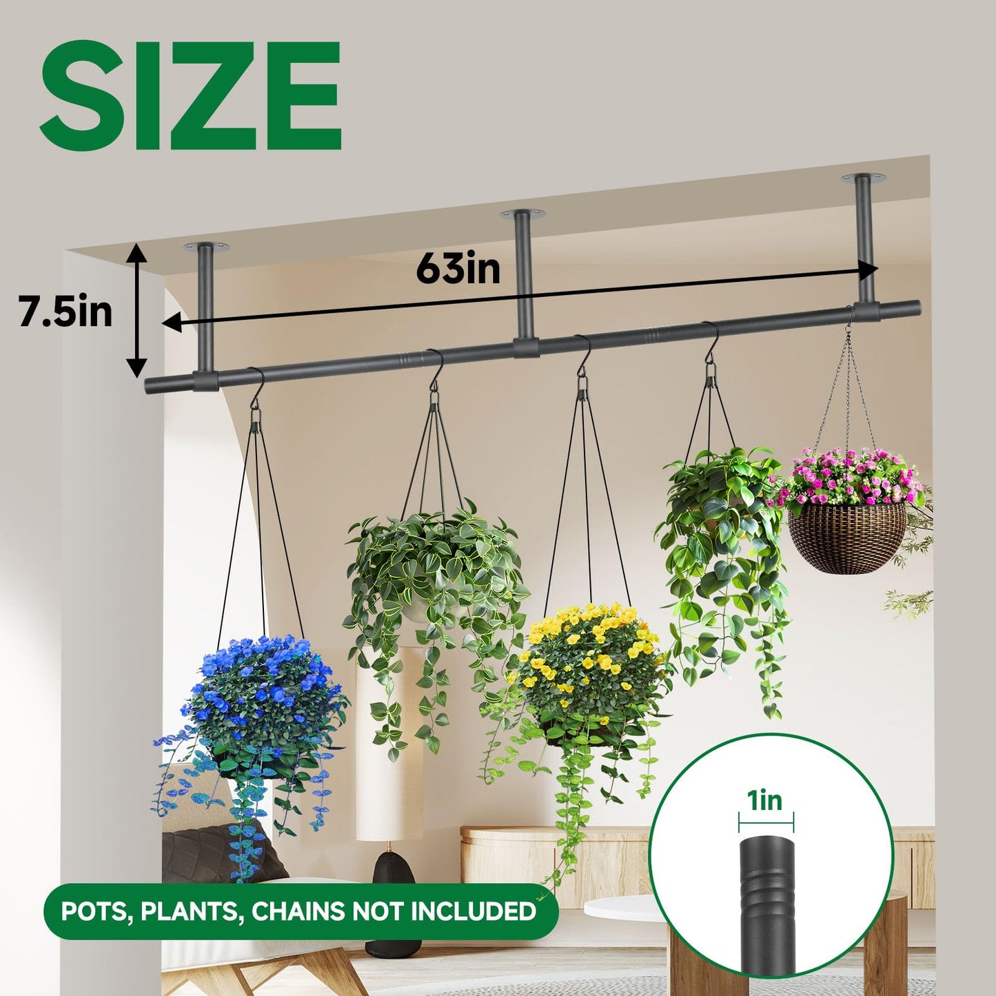 Hanging Planters Rod – Plant Hanger Indoor for Window Ceiling, Hanging Plant Shelf for Wall Planter House Plants, Plant Shelves Metal Holder Bar 63In (Pots, plants, chains not included)
