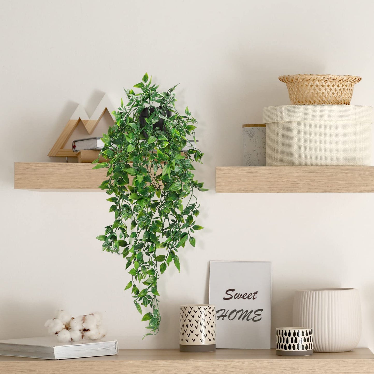 Whonline 2pcs Fake Hanging Plants, Artificial Potted Plants for Indoor Outdoor Aesthetic Office Living Room Shelf Decor