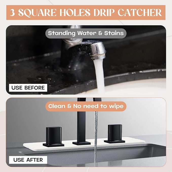 3 Square Hole White Faucet Mat for Kitchen Sink Bathroom 16.14" x 4.49" Kitchen