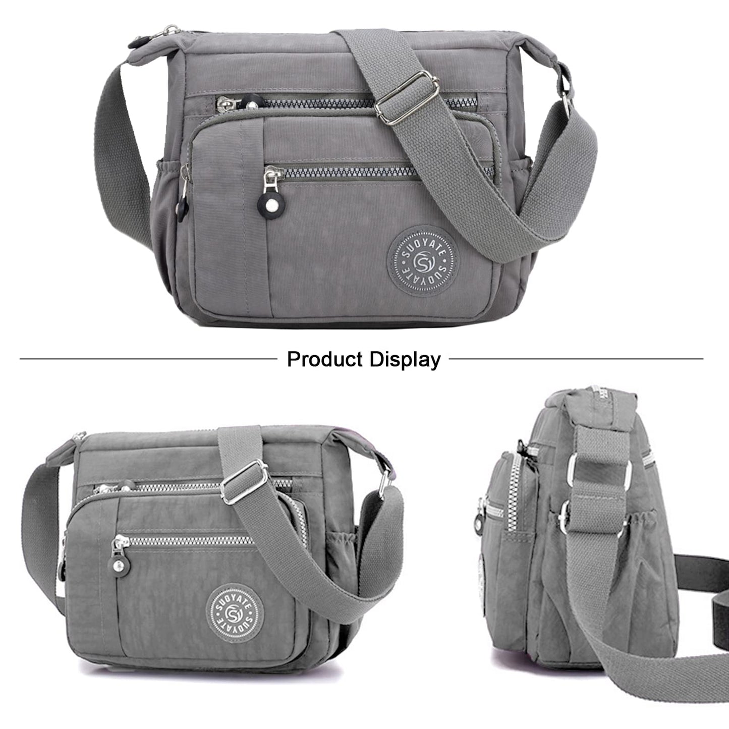 Womens Multi Pocket Casual Canvas Crossbody Bag Travel Purse Messenger Handbag for Shopping Hiking Daily Use (Gray)