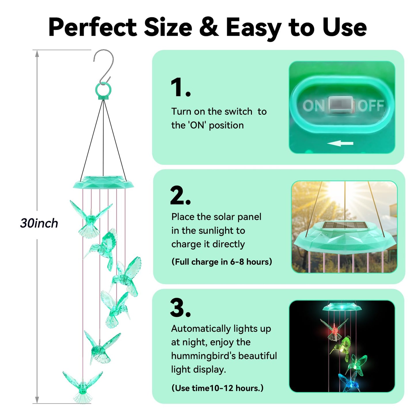 Wind Chimes,Hummingbird Solar Wind Chimes for Outside, Memorial Wind Bell for Garden/Patio Mobile Decorative Thanksgiving Gifts for Mom, Wife, Grandma Neighbors(Green 28")