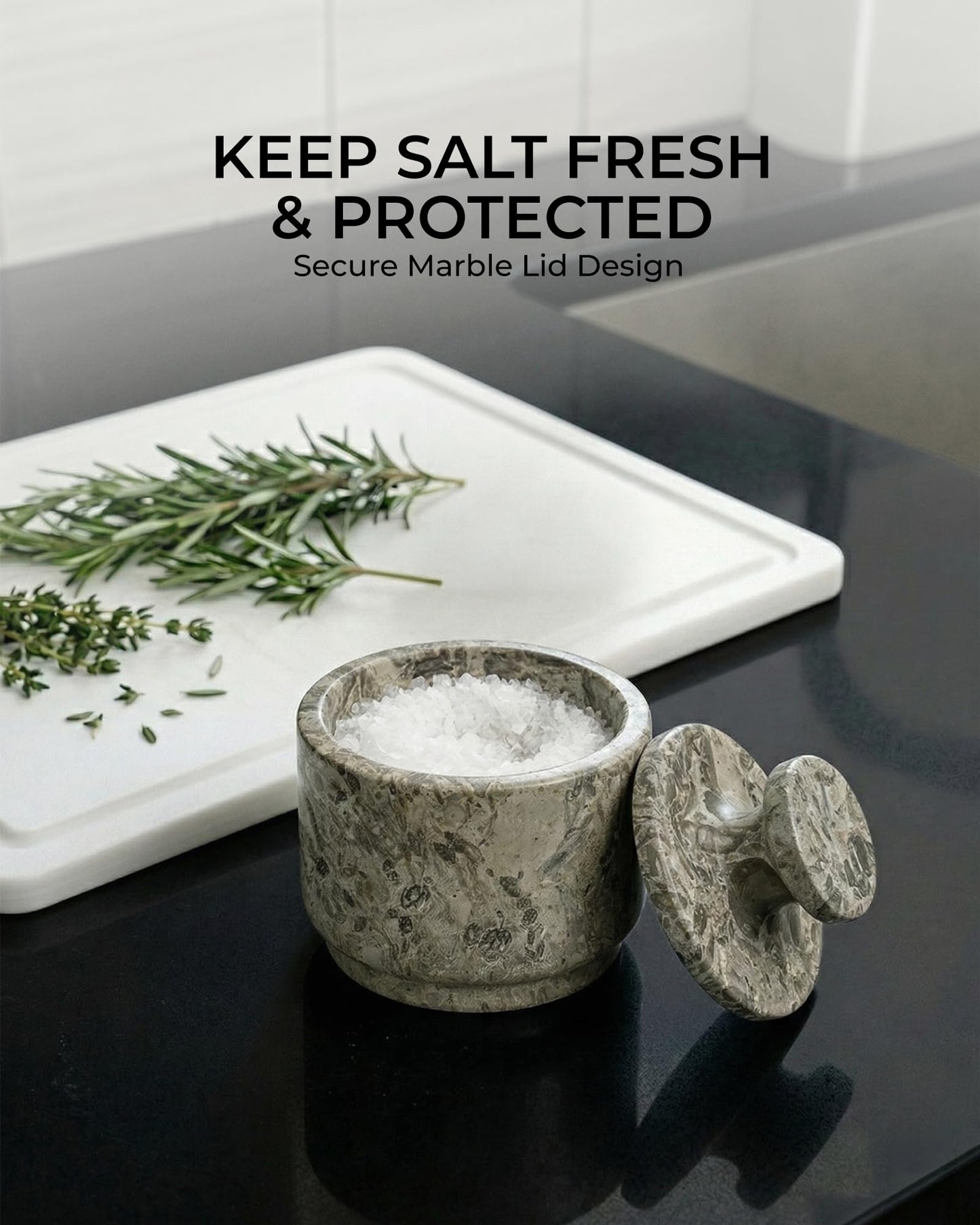 UrbanFocal Natural Marble Salt Cellar With Lid - Stone Salt Container And Stone Salt Holder, Spice Jars for Counter, Candy Jar & Spice Jar, Oceanic