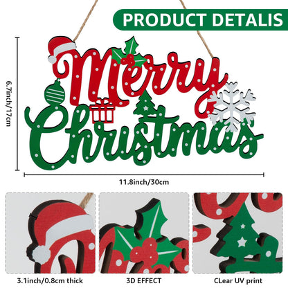 Merry Christmas Sign for Front Door Decor - 2 in 1Wooden 11.8 Inch × 6.7inch Christmas Wreath Wall Hanging or Tabletop Centerpiece for Door, Table, Fireplace