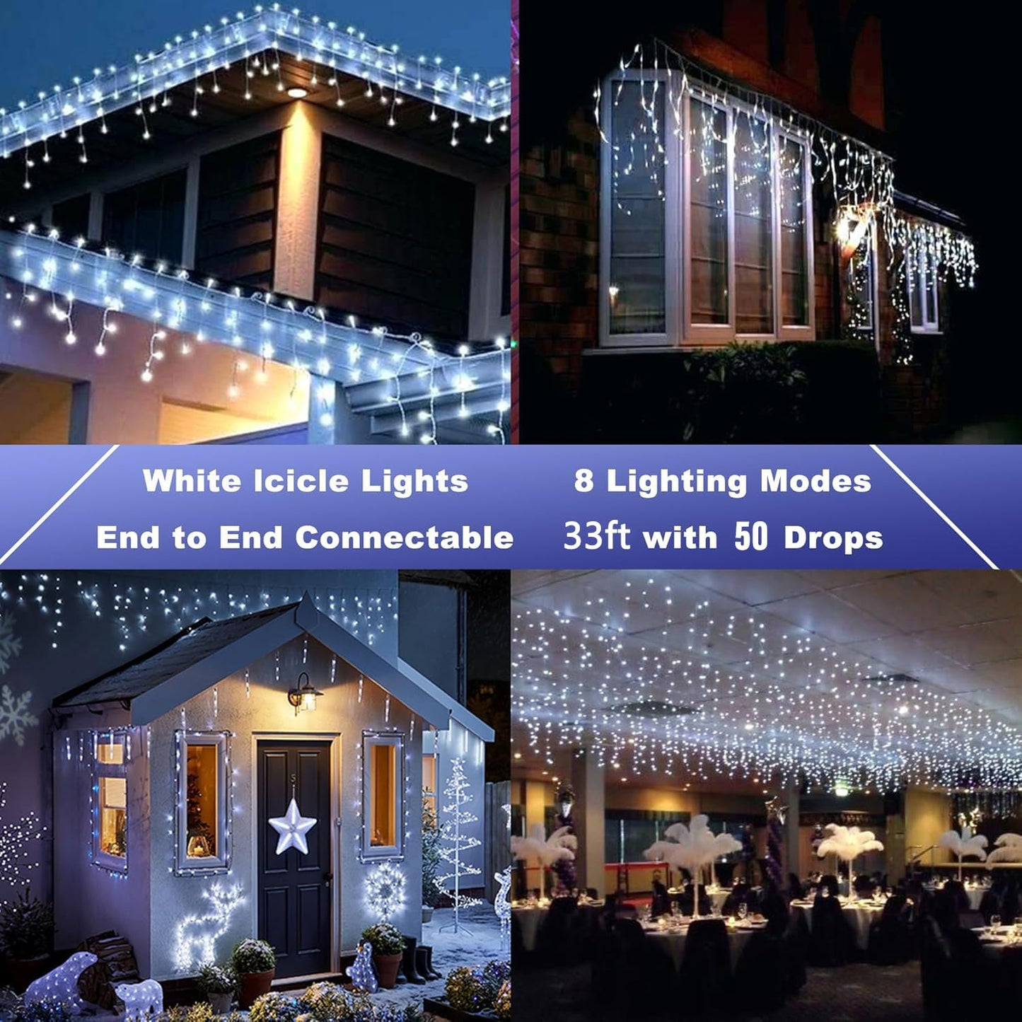 Joomer Christmas Icicle Lights - 33FT Plug in String Lights Waterproof, 8 Modes Timer Connectable Outdoor String Light for Christmas Party, Eaves, Roofs, Xmas Decorations (White)