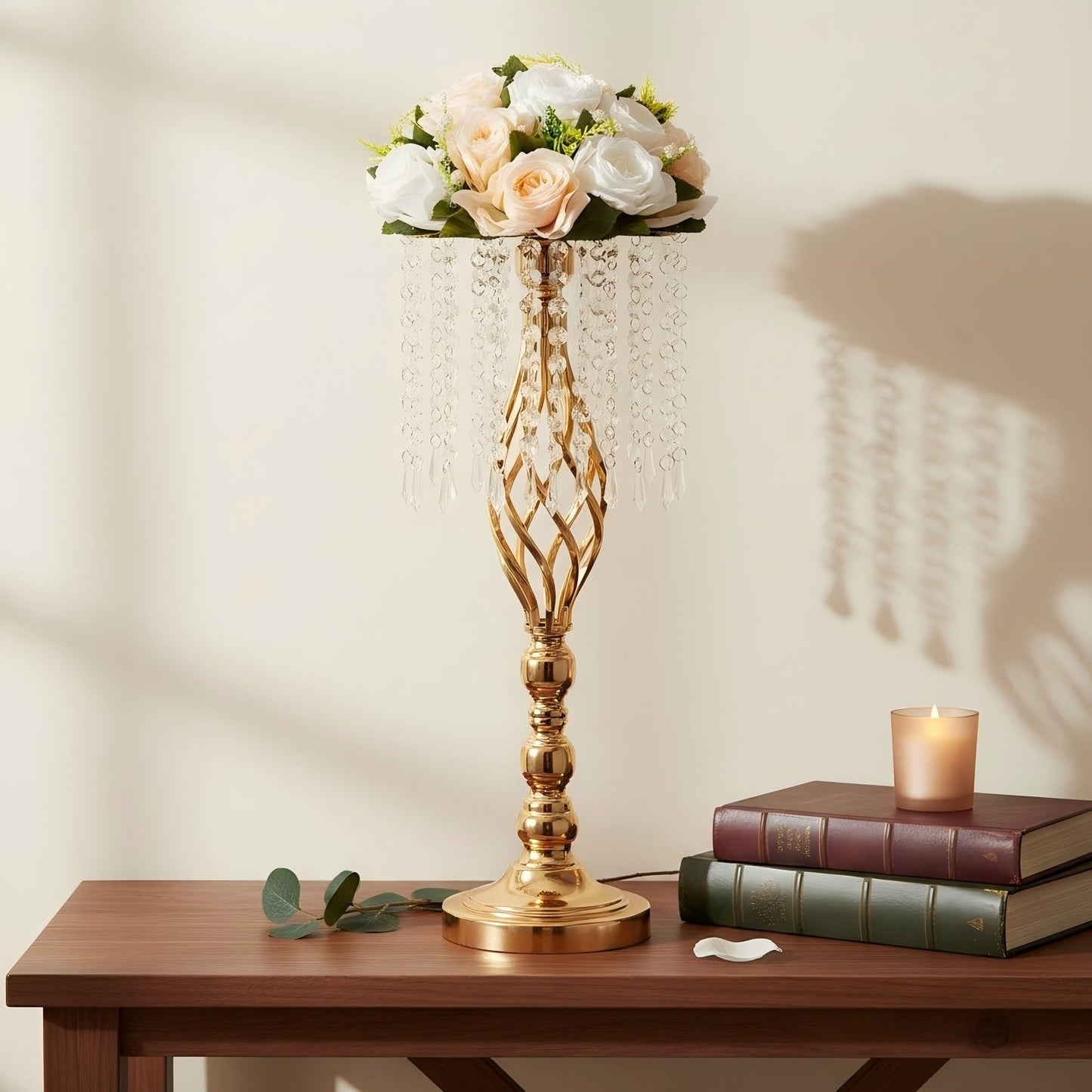 LANLONG 2pcs Gold Metal Flower Vases Crystal Flower Stand Wedding Centerpieces for Tables Party Dinner Event Restaurant Hotel Decoration