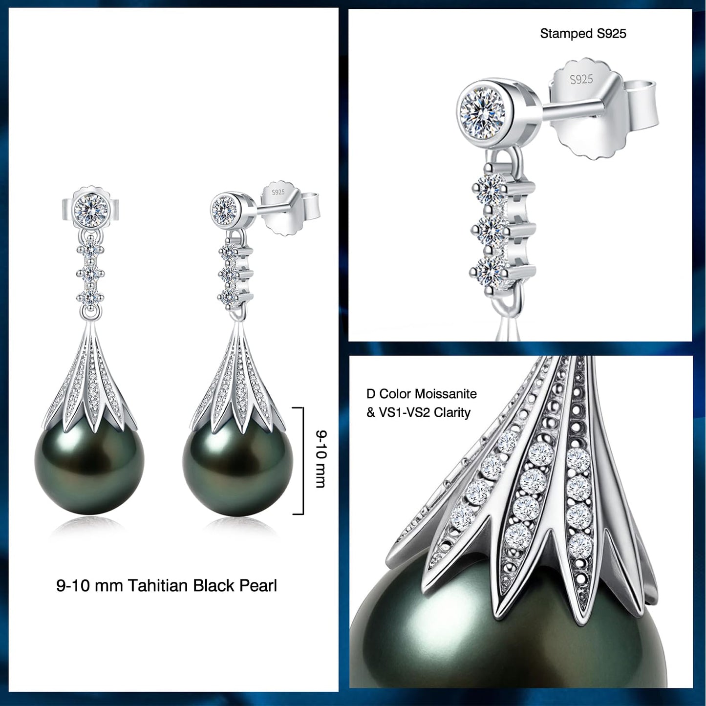 Genunie Tahitian Black Pearl Earrings for Women - Christmas Gifts for Wife Anniversary Wedding, Mom Birthday Gift, AAAA 9-10mm Ocean-Grown Pearls with S925 Sterling Silver Unique Moissanite Jewelry