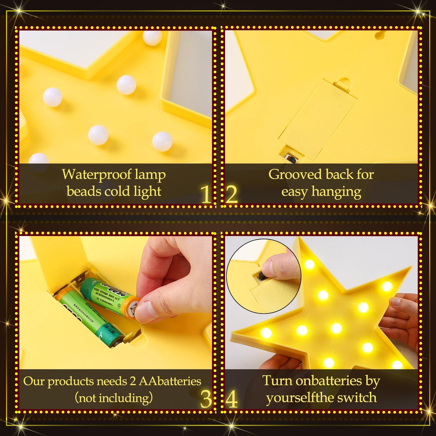 VIHOSE 3 Pcs Marquee Star Lights LED Star Signs Light up Movie Theater Decor Battery Operated Night Light for Gifts Birthday Party Home Movie Decor(Red,Black,Warm)