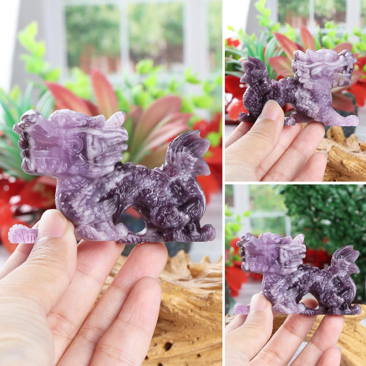 SMQ Amethyst Chinese Dragon Statue Crystal Figurine Feng Shui Decor Carved Gem Purple Dragon Skull Stone Animal Carvings Sculpture Reiki Office Home Crafts Ornament Gift