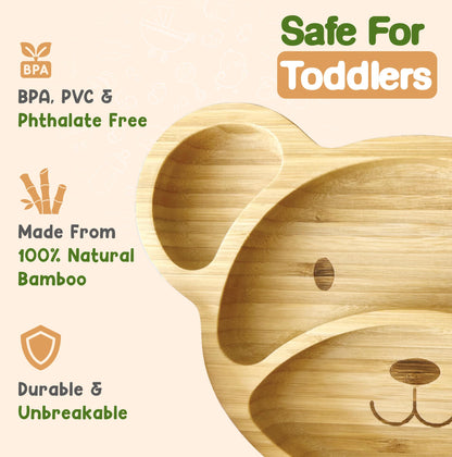 Bamboo Plates for Kids - Baby & Toddler Plates with Suction for Feeding & Weaning, Eco-Friendly Bear Design Promotes Self-Feeding, Ideal for Busy Moms & Dads, Sturdy & BPA-Free (Blue)