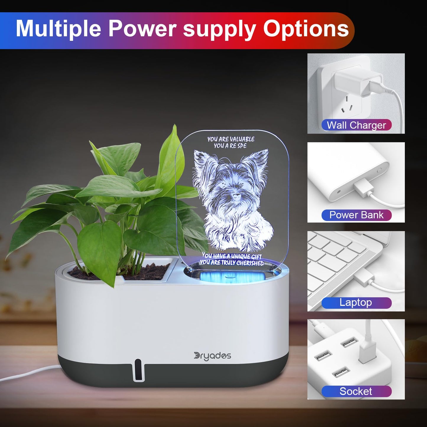 DRYADES Self-Watering Plant Pot with LED Note Board & 7 Colors Pen, Led Acrylic Message Board with Plant Pot,Dog Board Night Light with Planting Pot for Mother's Day/Thanksgiving/Gifts(No Plant&Seed)