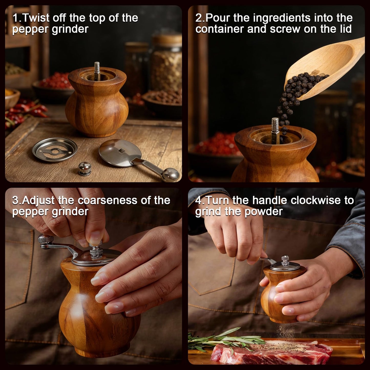 Pepper Grinder with Crank Handle, Adjustable Refillable Spice Mill