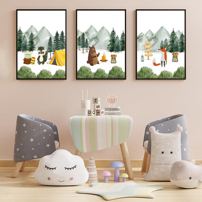 3Pcs Woodland Animal Nursery Canvas wall art Cute Bear Fox Raccoon Poster Print Safari Nursery Wall Decor Forest Animals Camping Campfire pictuer painting Boys Kids Room Home Decoration12*16In Unframed