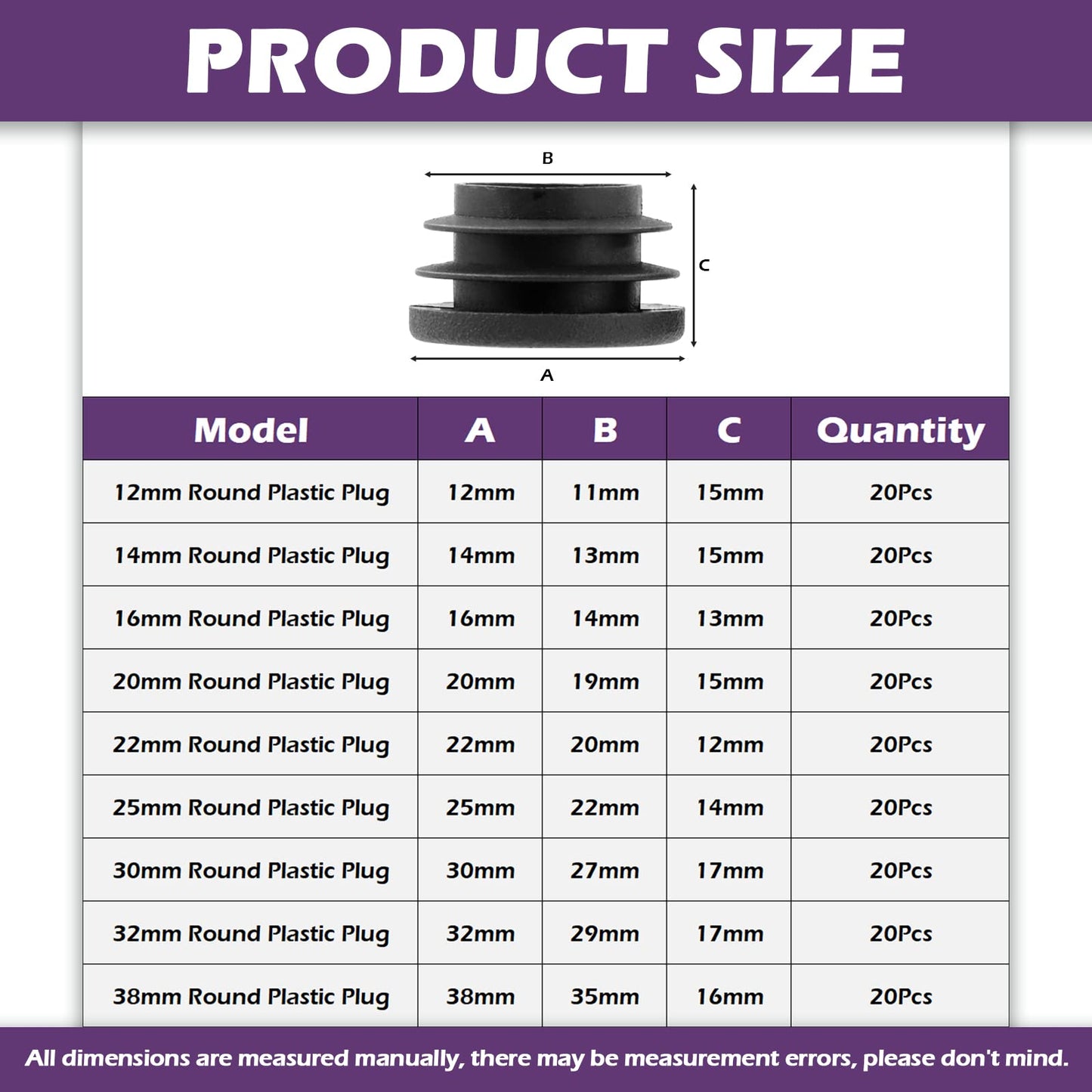 Swpeet 180Pcs 9 Sizes 15/32" 11/20" 3/5" 3/4" 9/10" 1" 1-1/5” 1-1/4" 1-1/2" Black Round Plastic Plug Tubing End Caps Assortment Kit, Tubing Post End Cap for Metal Tubing and Furniture Protection Glide