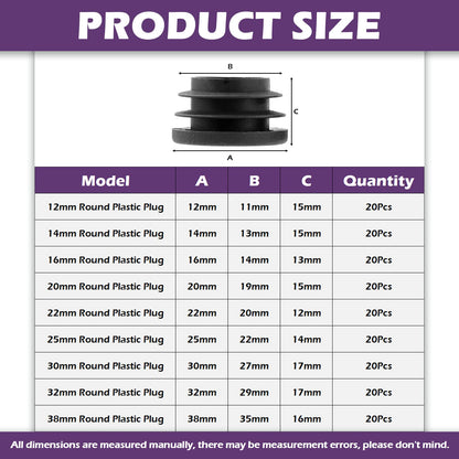 Swpeet 180Pcs 9 Sizes 15/32" 11/20" 3/5" 3/4" 9/10" 1" 1-1/5” 1-1/4" 1-1/2" Black Round Plastic Plug Tubing End Caps Assortment Kit, Tubing Post End Cap for Metal Tubing and Furniture Protection Glide