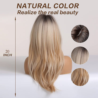 Esmee 20 Inches Long Straight Blonde Layered Synthetic Hair Wigs for Women with Dark Roots for Daily Party Use