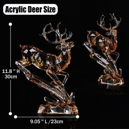 Luxury Acrylic Reindeer Figurine with LED Light for Christmas Decor, Elegant Transparent Crystal-Like Deer Sculpture for Table Shelf Mantel, Reindeer Ornament Holiday Centerpiece (Gold Jumping 11.8")