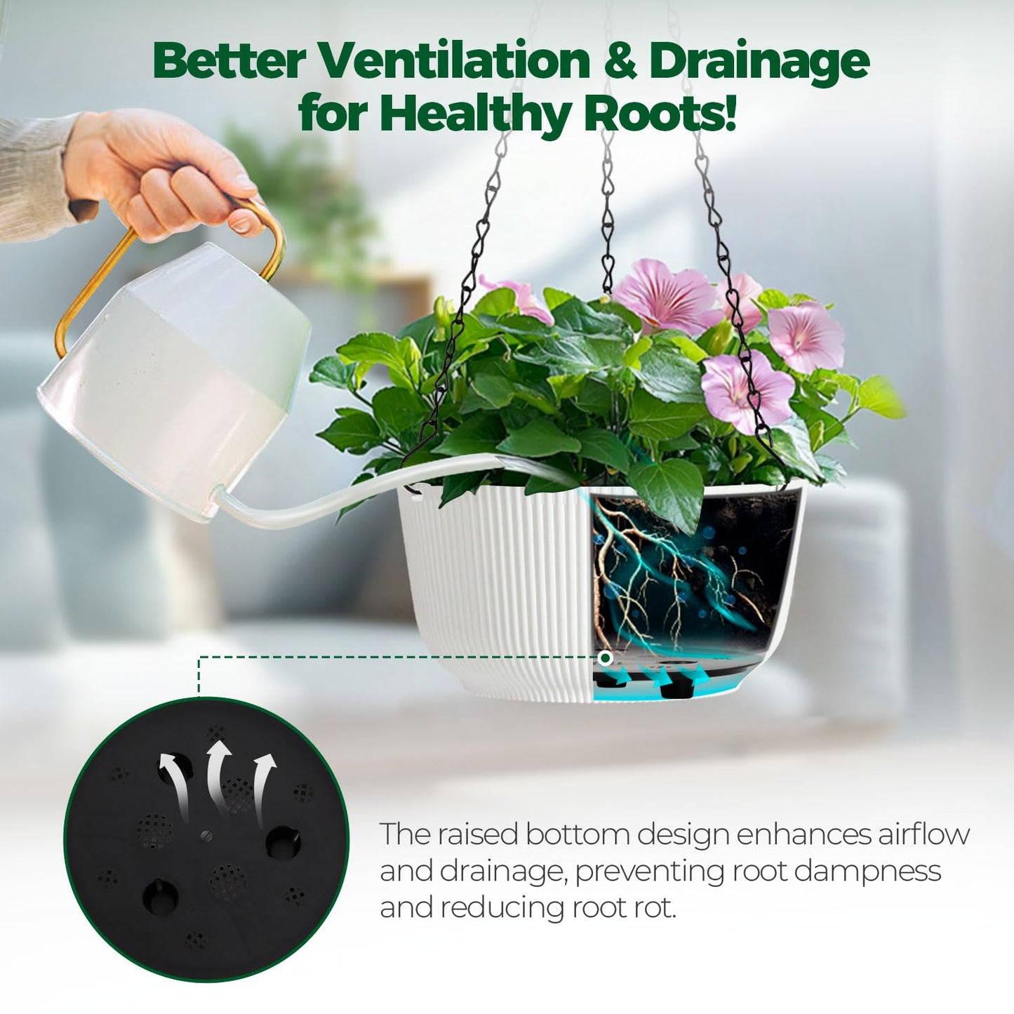 T4U Hanging Planter Self Watering 8 Inch, 2 Pack White Indoor Hanging Plant pots, Hanging Flower Pot with Drainage Hole & Plug & Chain with 3 Hooks for Garden Home Decor