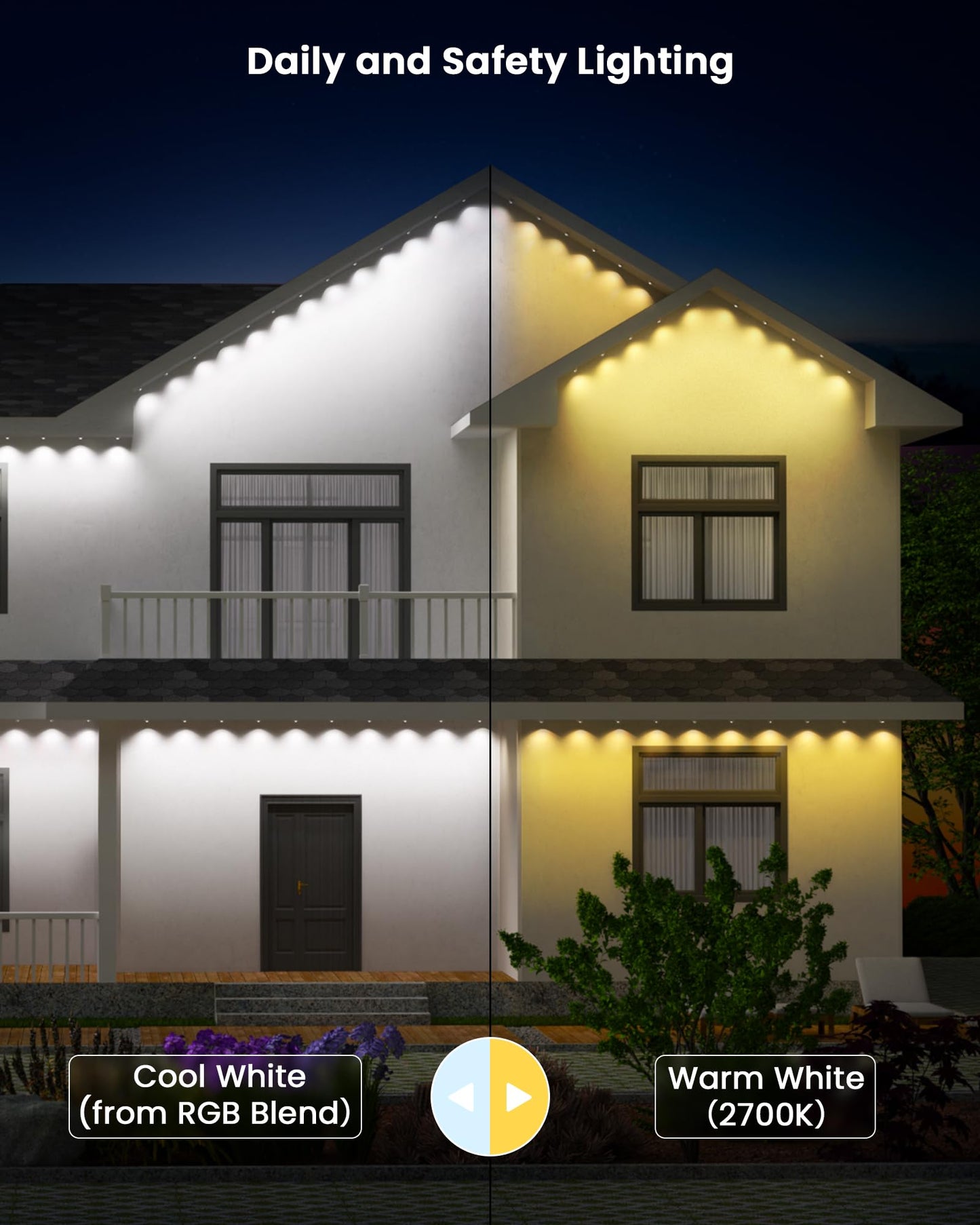Gefolly Permanent Outdoor Lights Pro, 150ft with 90 RGBW Double-LED Lights 111 Scene Modes for Daily, Halloween, Christmas, IP67 Waterproof for Outdoor Decor, Works with Alexa, Google Assistant, White