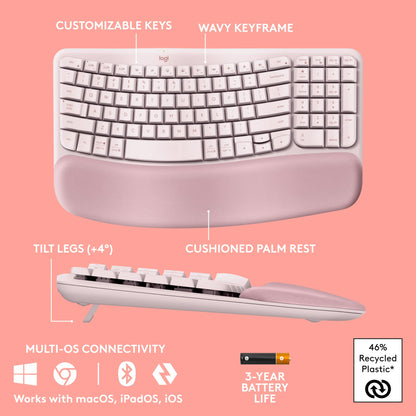 Logitech Wave Keys Wireless Ergonomic Keyboard with Cushioned Palm Rest, Comfortable Natural Typing, Easy-Switch, Bluetooth, Logi Bolt Receiver, for Multi-OS, Windows/Mac - Rose