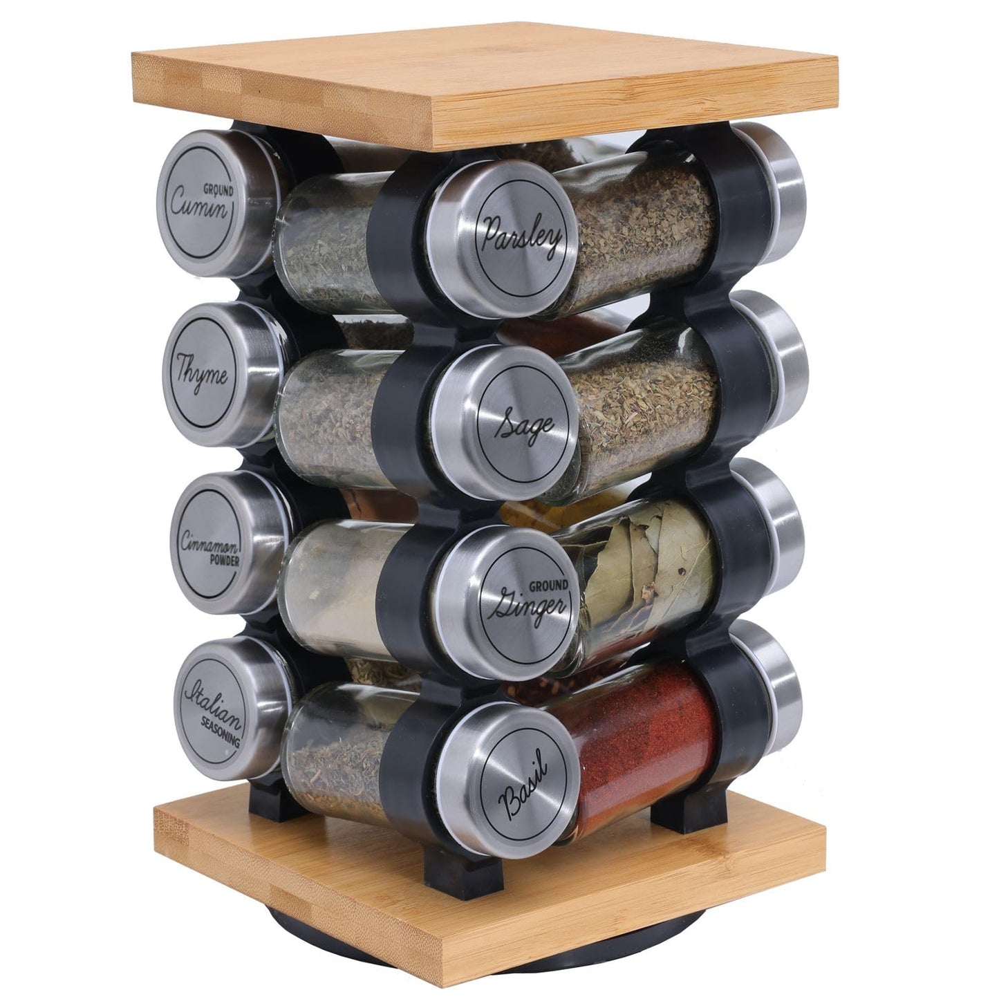 Orii 16 Jar Rotating Bamboo Spice Rack with Spices Included & 5-Year Spice Refill Program – Compact Countertop Spice Rack with Glass Jars