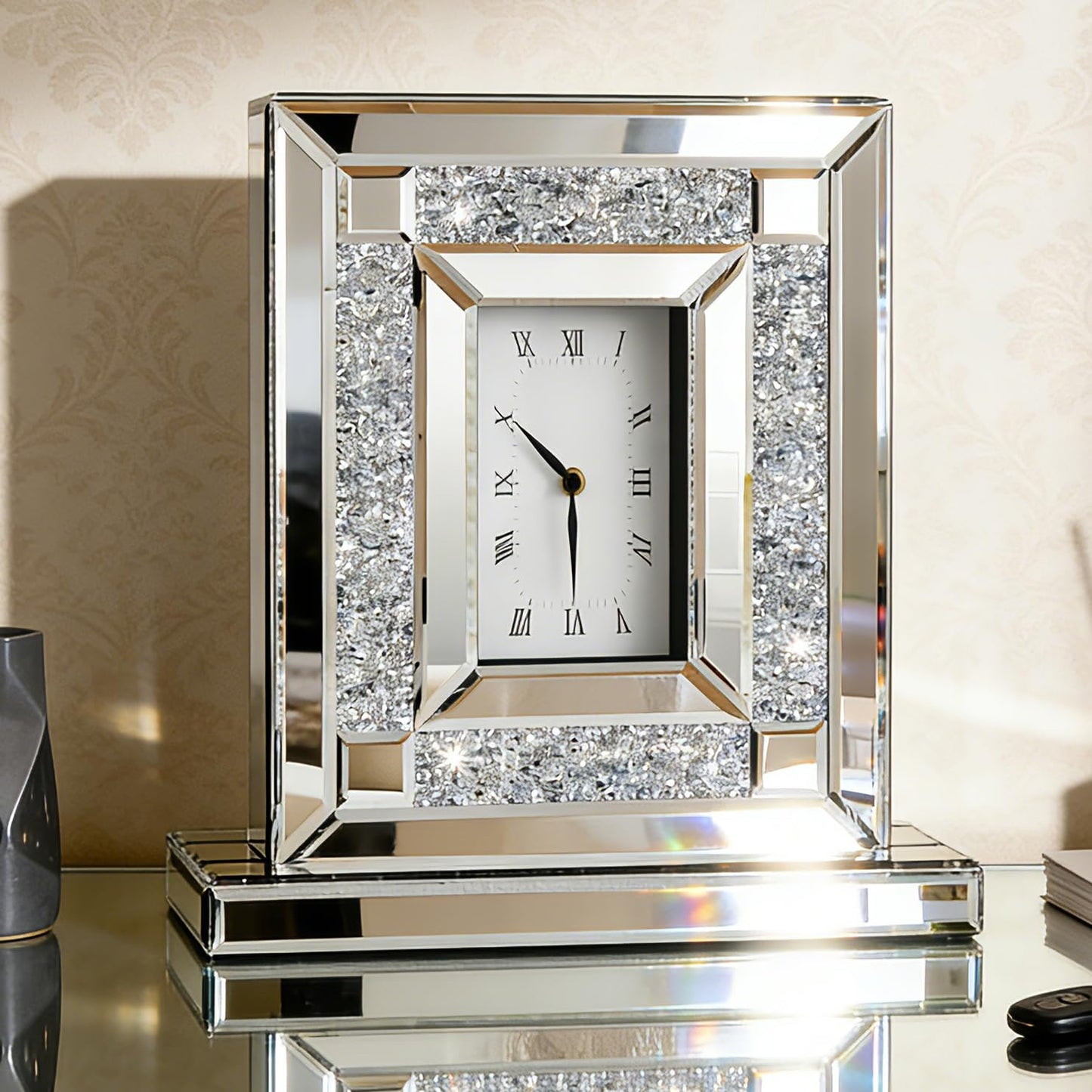 SHYFOY Mirrored Desk Clock with Crushed Diamond Inlay, 13" Decorative Table Clock, Silver Beveled Glass Mantel Clock, Non-Ticking Roman Numeral Tabletop Clock for Living Room Office Shelf Decor