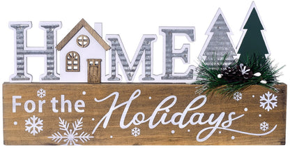 Wooden Christmas Sign Blocks, HOME for the Holiday Quote Table Decor, Xmas Centerpiece Block Sign with Snowflake & Pine Tree, Office Desk Mantle Decoration (BROWN)